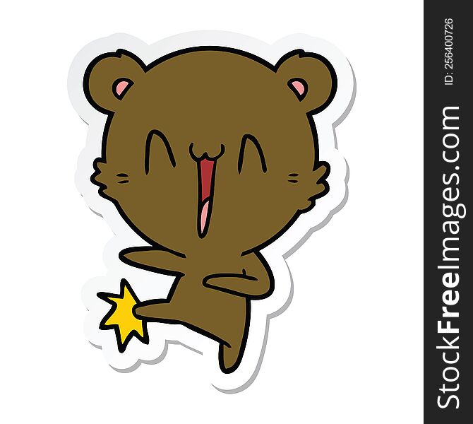sticker of a happy bear kicking cartoon