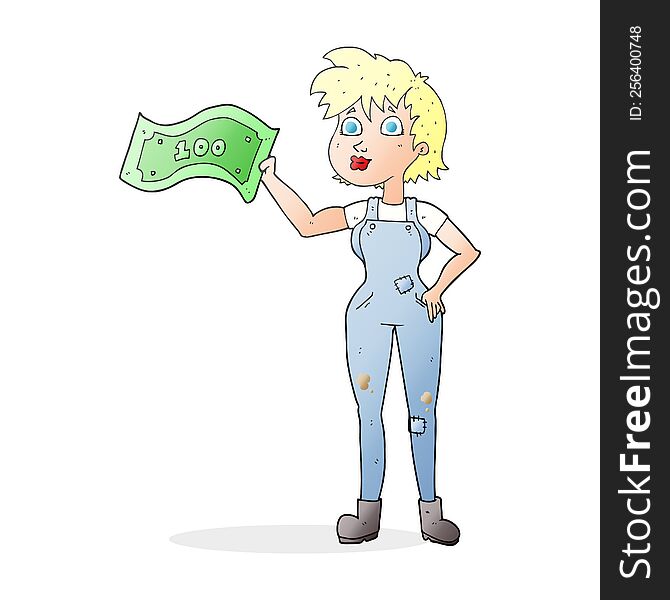 freehand drawn cartoon confident farmer woman with money