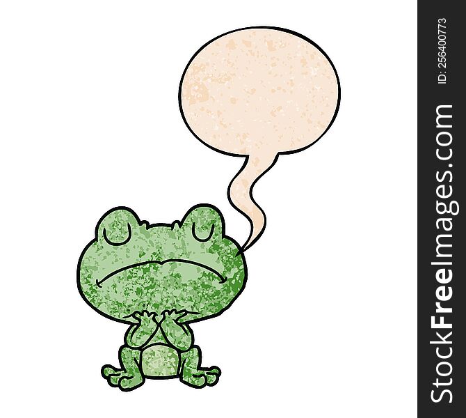 cartoon frog waiting patiently with speech bubble in retro texture style
