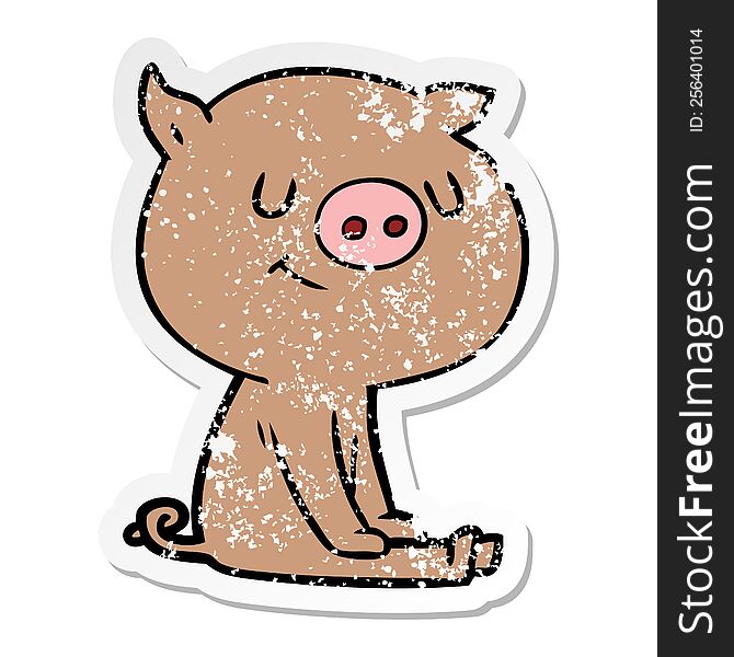 Distressed Sticker Of A Happy Cartoon Pig Sitting