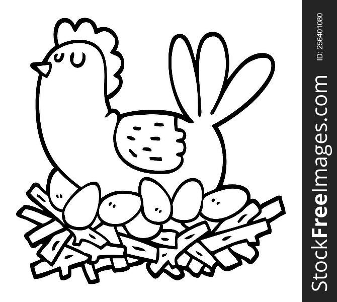 black and white cartoon chicken on nest of eggs