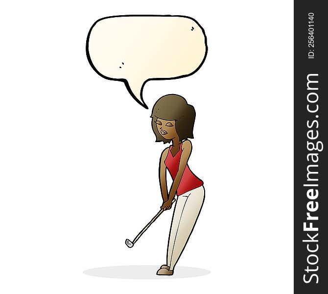 Cartoon Woman Playing Golf With Speech Bubble