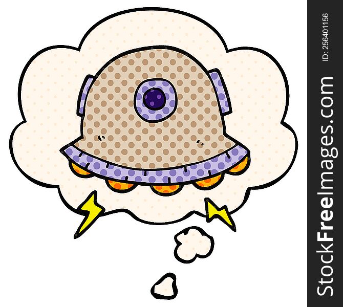 cartoon UFO with thought bubble in comic book style