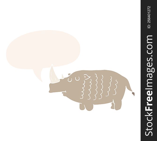 cartoon rhinoceros with speech bubble in retro style