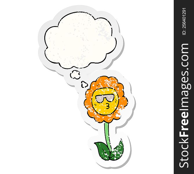 cartoon flower with thought bubble as a distressed worn sticker