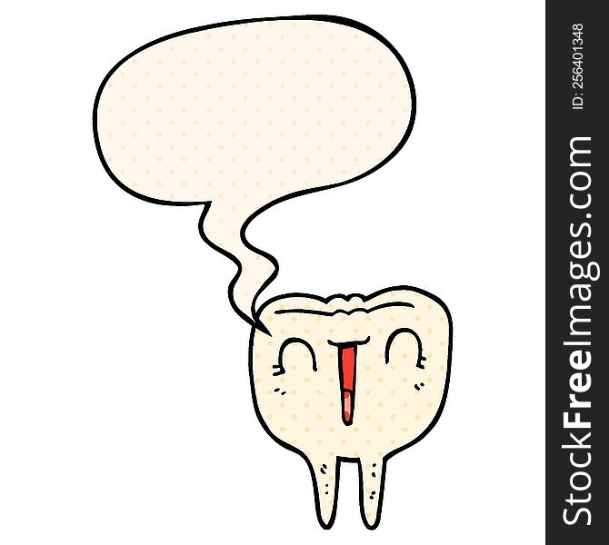 Cartoon Happy Tooth And Speech Bubble In Comic Book Style