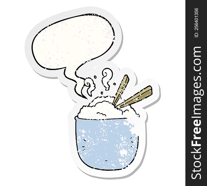 Cartoon Bowl Of Rice And Speech Bubble Distressed Sticker
