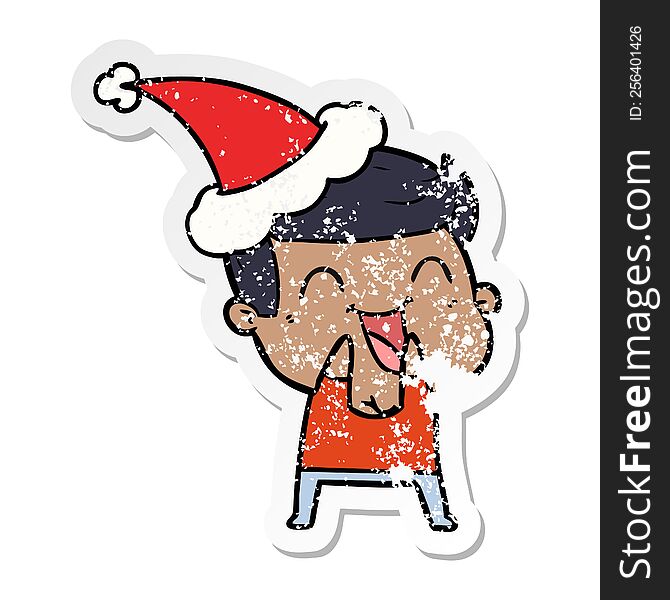 Distressed Sticker Cartoon Of A Man Laughing Wearing Santa Hat