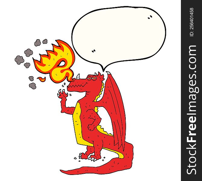 freehand drawn speech bubble cartoon happy dragon breathing fire