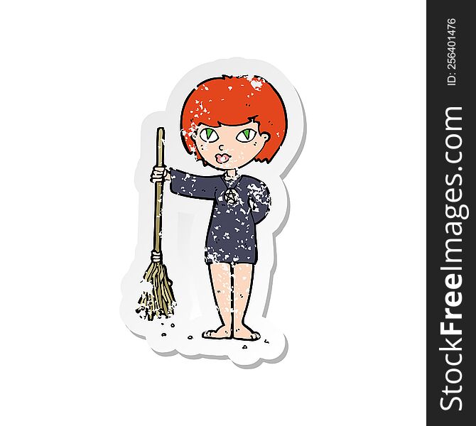 Retro Distressed Sticker Of A Cartoon Pretty Witch Girl