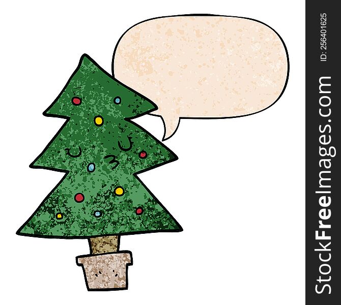 cartoon christmas tree with speech bubble in retro texture style