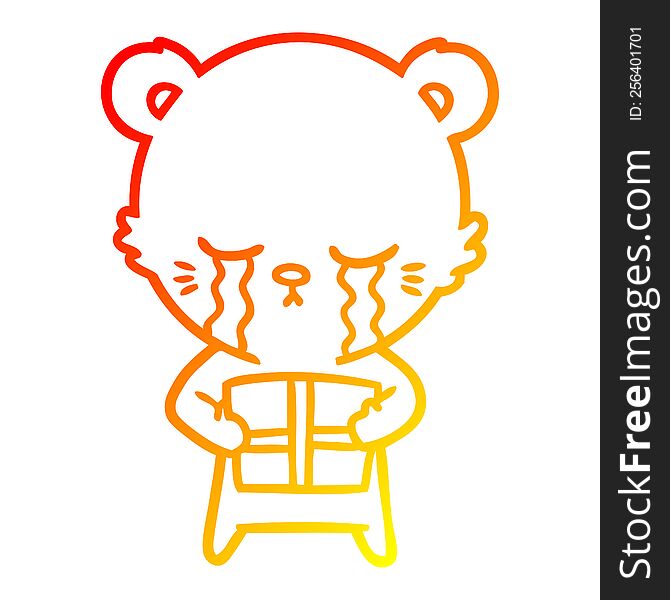 warm gradient line drawing of a crying cartoon bear with present