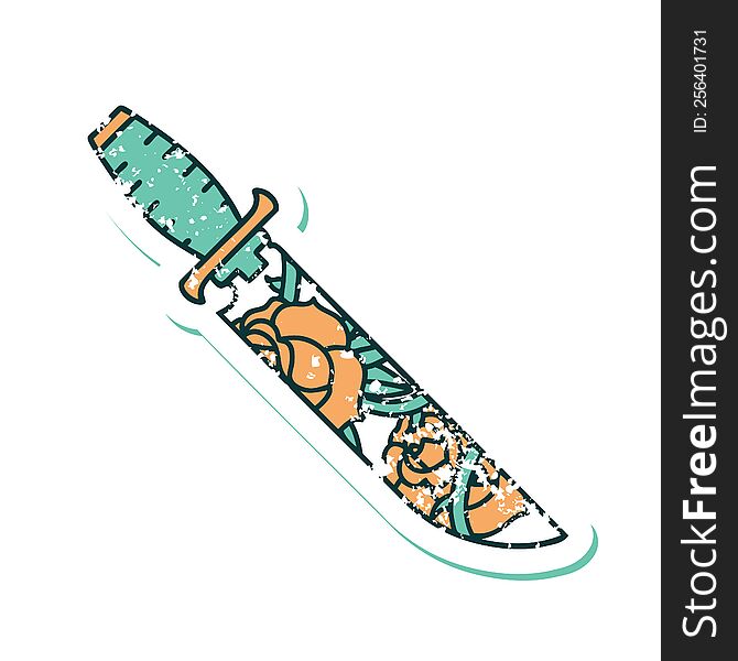 Distressed Sticker Tattoo Style Icon Of A Dagger And Flowers