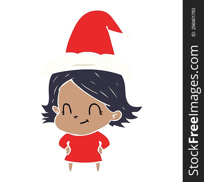 hand drawn flat color illustration of a friendly girl wearing santa hat