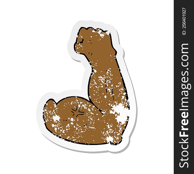 Retro Distressed Sticker Of A Flexing Strong Arm Cartoon