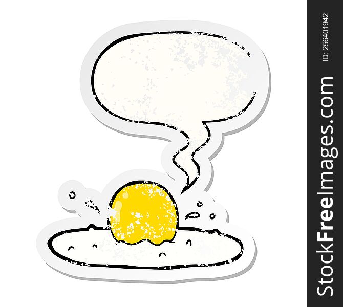 cartoon fried egg with speech bubble distressed distressed old sticker. cartoon fried egg with speech bubble distressed distressed old sticker