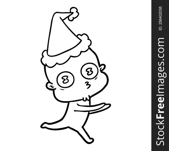 Line Drawing Of A Weird Bald Spaceman Running Wearing Santa Hat