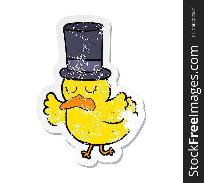 distressed sticker of a cartoon duck wearing top hat