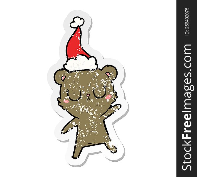 Peaceful Distressed Sticker Cartoon Of A Bear Wearing Santa Hat