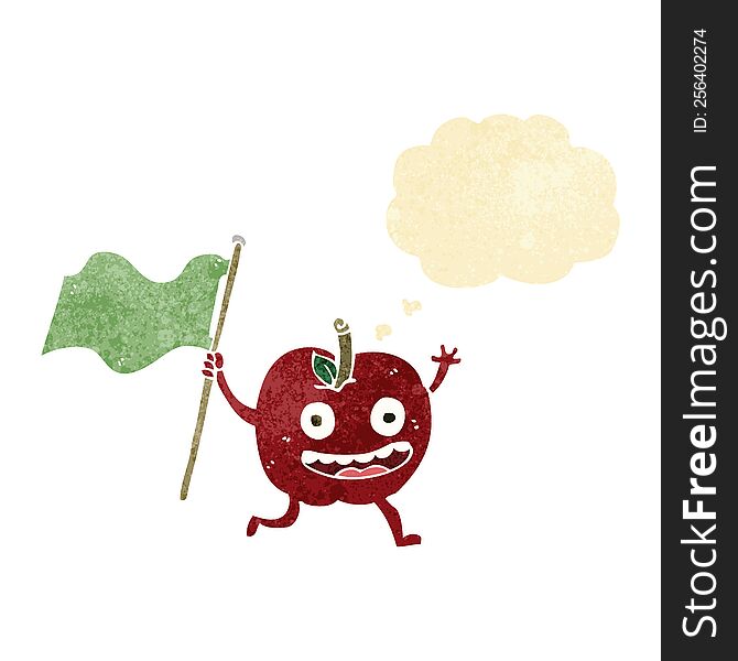 cartoon apple with flag with thought bubble