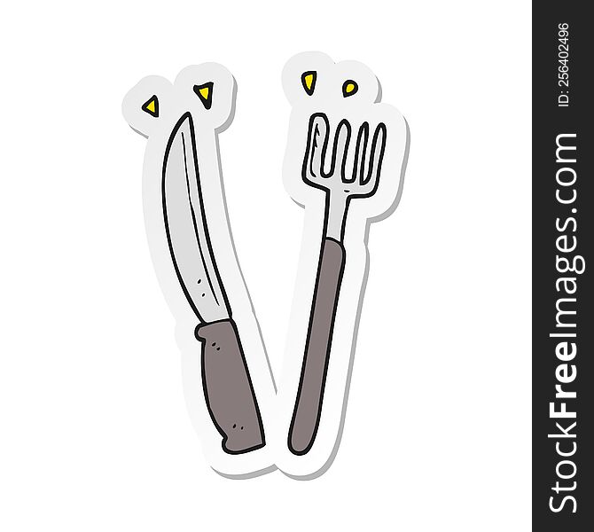 Sticker Of A Cartoon Knife And Fork