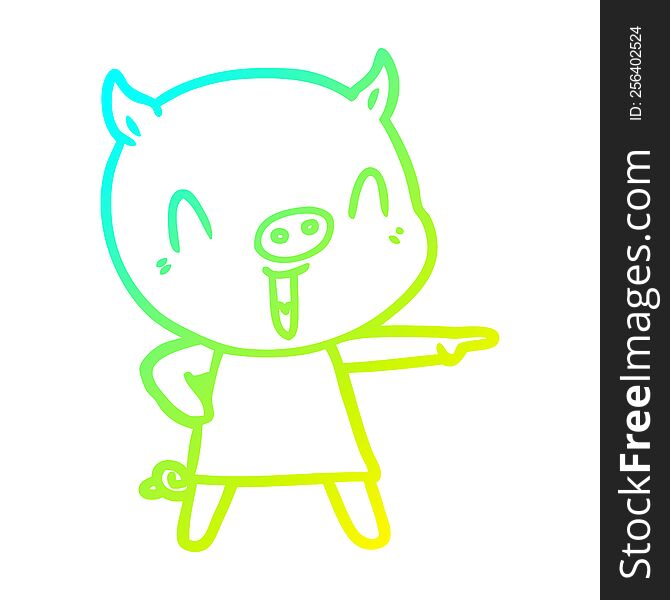 Cold Gradient Line Drawing Happy Cartoon Pig In Dress