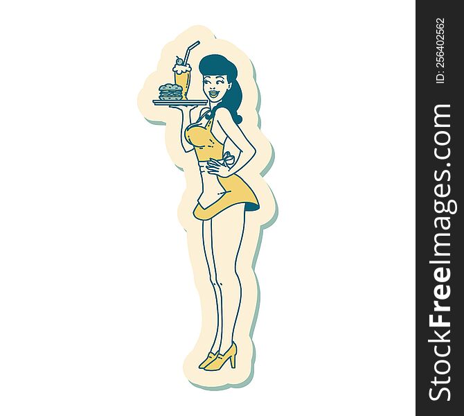 sticker of tattoo in traditional style of a pinup waitress girl. sticker of tattoo in traditional style of a pinup waitress girl