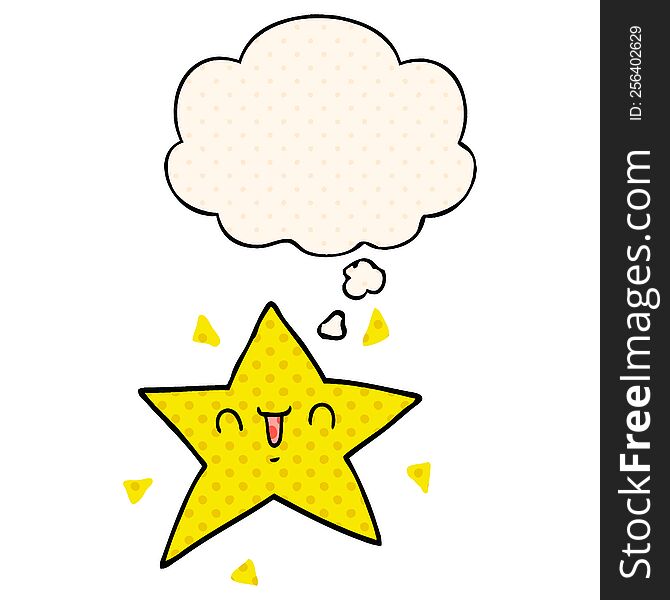 cartoon happy star with thought bubble in comic book style