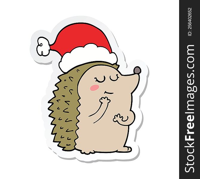 Sticker Of A Cartoon Hedgehog Wearing Christmas Hat