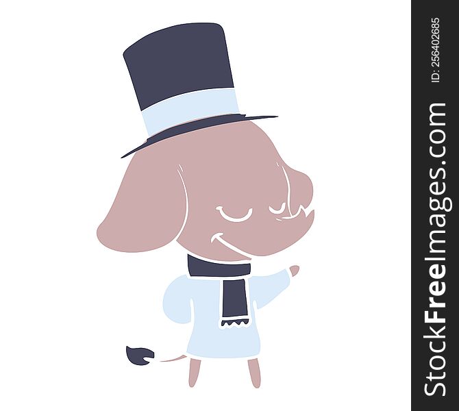 Flat Color Style Cartoon Smiling Elephant Wearing Top Hat