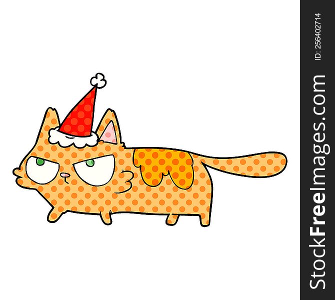 Comic Book Style Illustration Of A Angry Cat Wearing Santa Hat