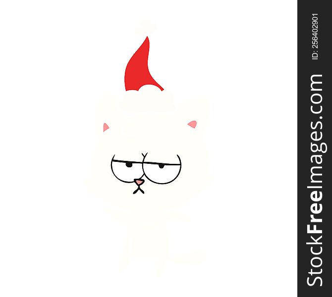 bored hand drawn flat color illustration of a cat wearing santa hat. bored hand drawn flat color illustration of a cat wearing santa hat