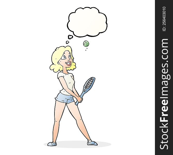 cartoon woman playing tennis with thought bubble