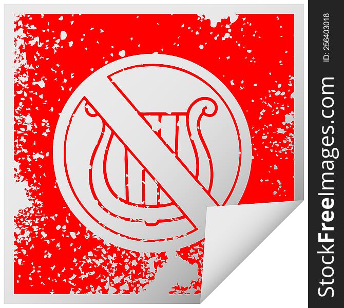 distressed square peeling sticker symbol of a no music allowed sign