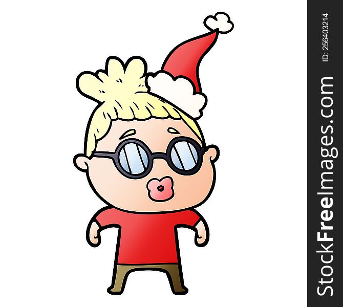 hand drawn gradient cartoon of a woman wearing spectacles wearing santa hat