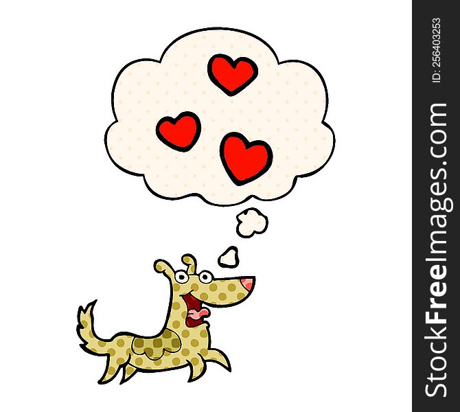 Cartoon Dog With Love Hearts And Thought Bubble In Comic Book Style