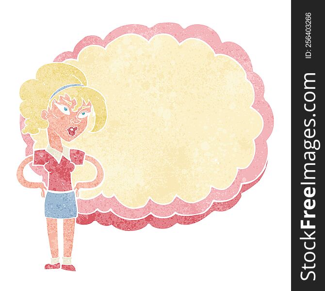 cartoon woman in front of cloud with space for text