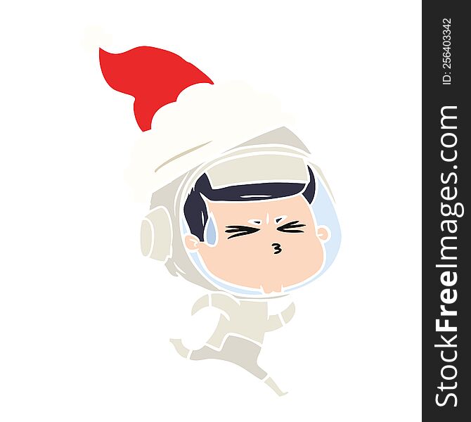 hand drawn flat color illustration of a stressed astronaut wearing santa hat