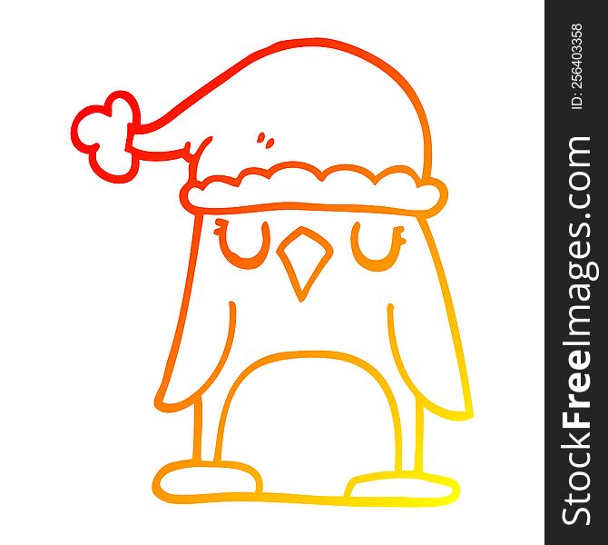 Warm Gradient Line Drawing Cartoon Penguin Wearing Christmas Hat
