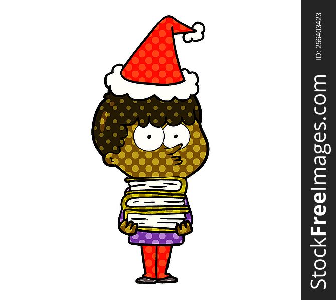 Comic Book Style Illustration Of A Curious Boy With Lots Of Books Wearing Santa Hat