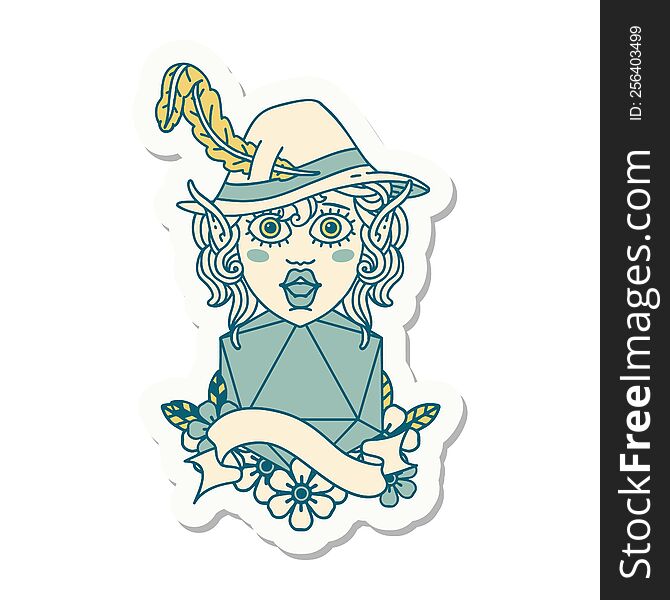sticker of a elf bard character with natural twenty. sticker of a elf bard character with natural twenty