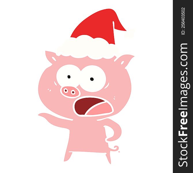 hand drawn flat color illustration of a pig shouting wearing santa hat