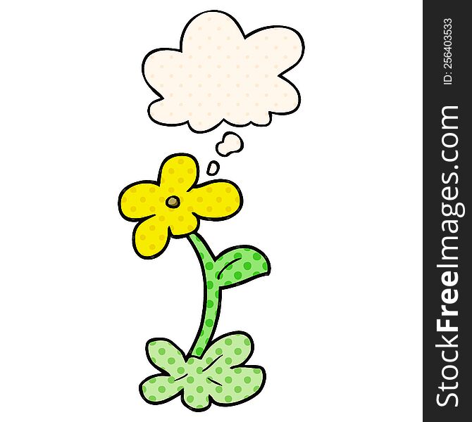 cartoon flower with thought bubble in comic book style