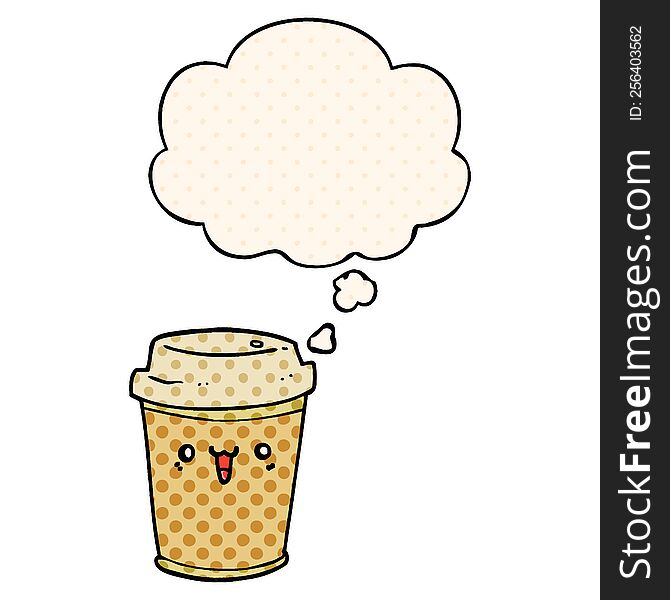 cartoon take out coffee with thought bubble in comic book style