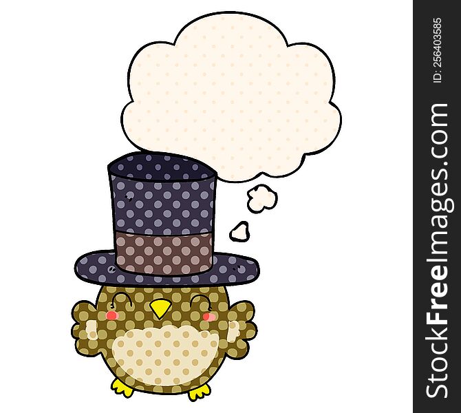 cartoon owl wearing top hat with thought bubble in comic book style