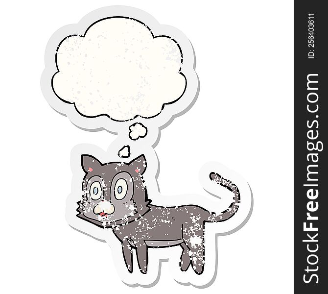 happy cartoon cat with thought bubble as a distressed worn sticker
