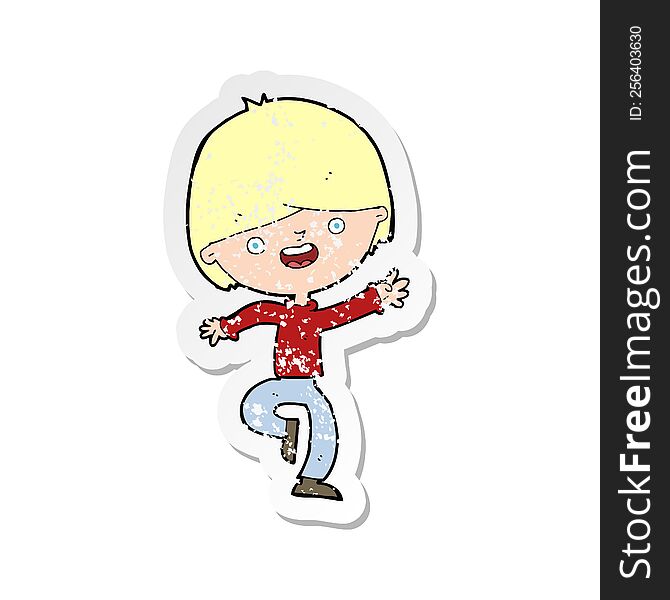 Retro Distressed Sticker Of A Cartoon Happy Boy Dancing