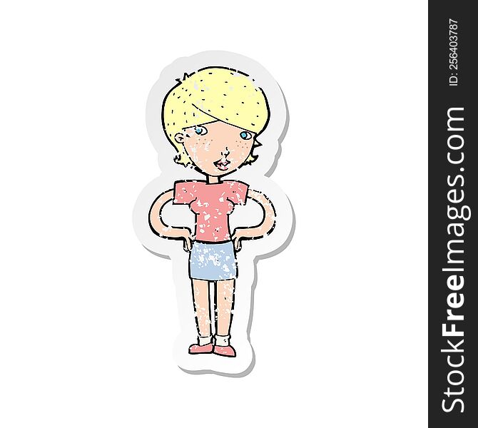 Retro Distressed Sticker Of A Cartoon Woman With Hands On Hips