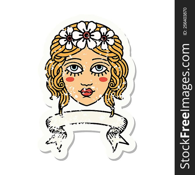 Grunge Sticker With Banner Of Female Face With Crown Of Flowers