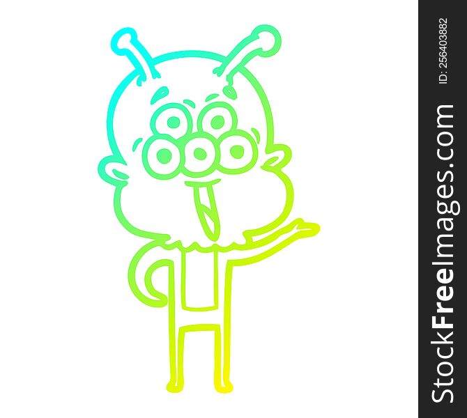 cold gradient line drawing of a happy cartoon alien greeting